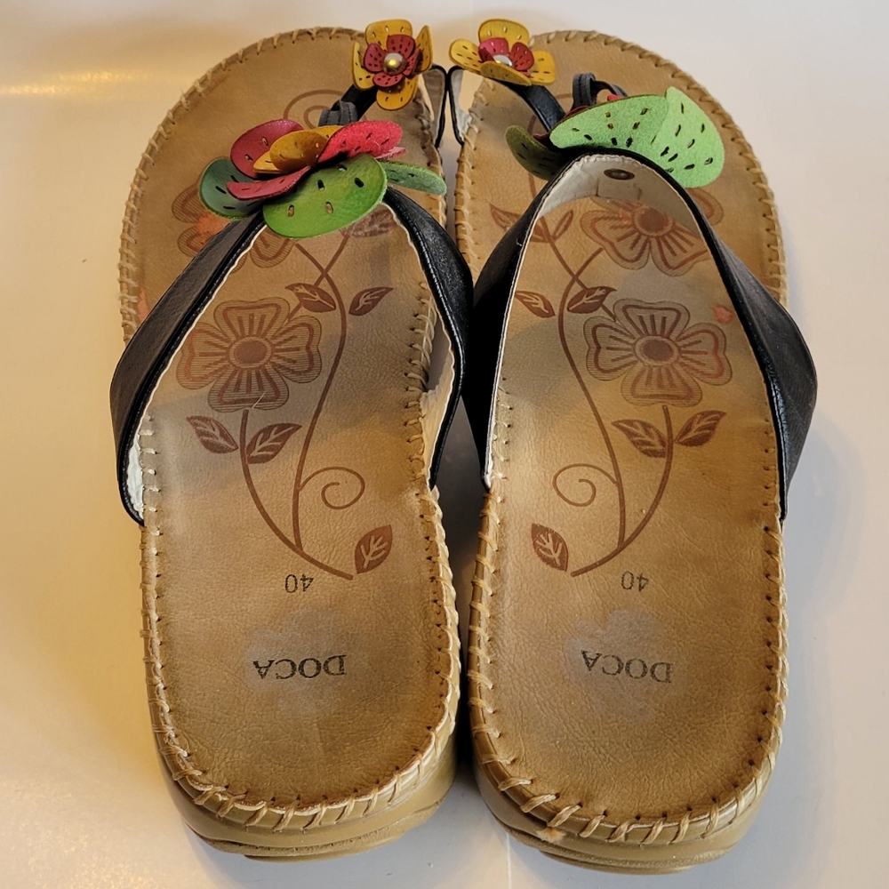 DOCA Leather Flower Thong Sandals with Flower 🌸 Toe Loop Size 9-9.5 Women's - Picture 6 of 8